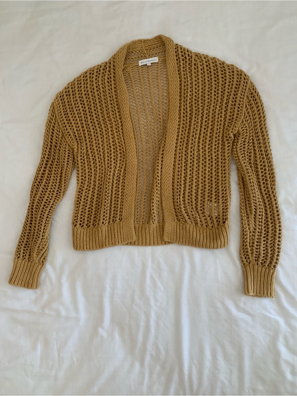 White + Warren Organic Cotton Open Mesh Knit Cardigan EUC S Gold Ochre